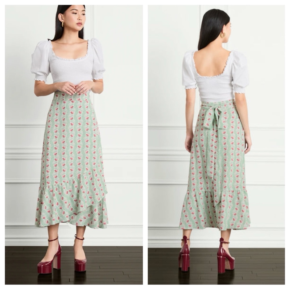Hill House Mint Floral Wrap Midi Skirt with Ruffle Hem